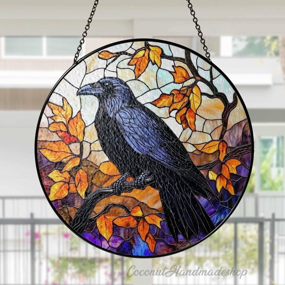 LV Gifts - Gothic Raven Suncatcher, Black Crow Stained Glass Style Window Hanging, Halloween Decor