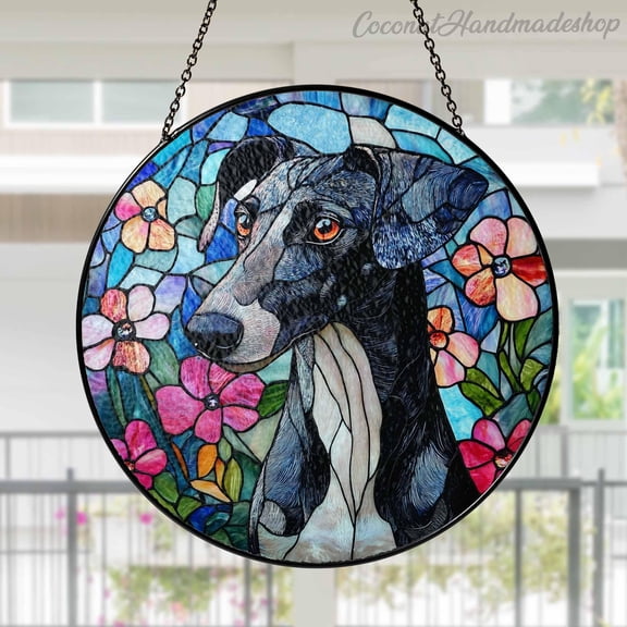 LV Gifts - Greyhound Dog Suncatcher, Colorful Floral Glass-Effect Window Hanging, Pet Memorial Gift