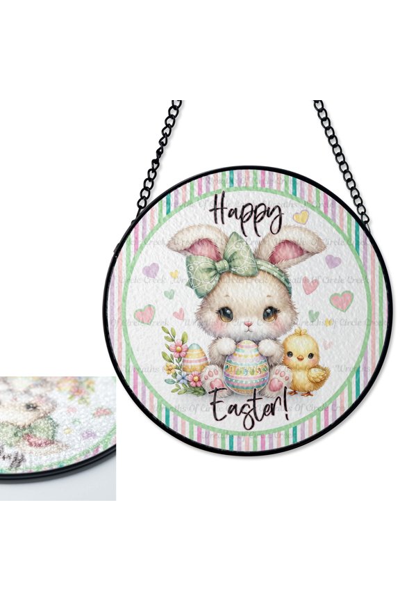 Happy Easter Bunny and Yellow Chick Stained Glass Style Suncatcher, UV Printed Glass, Easter Egg Decor, Holiday Art, Round