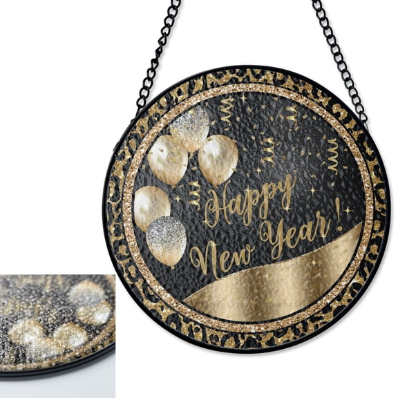 LV Gifts Happy New Year Balloons Suncatcher Stained Glass Style, UV Printed Glass, Leopard Gold Silver Decor, Party Celebration Gift,