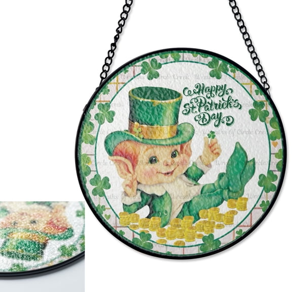 LV Gifts Happy St Patricks Day Cute Leprechaun Stained Glass Style Suncatcher, UV Printed Glass, Irish Luck Decor, Holiday Ornament,