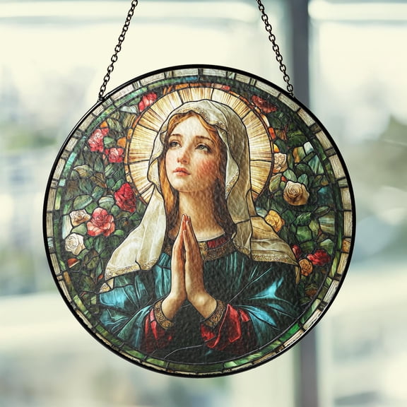 LV Gifts - Holy Mother Mary Suncatcher, Christian Floral Wall Ornament, Spiritual Religious Gift