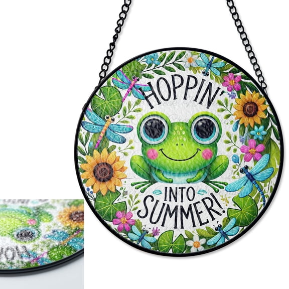 LV Gifts Hoppin' Into Summer Frog Suncatcher Stained Glass Style, UV Printed Glass, Cute Garden Art Decor, Kids Bedroom Gift, Round