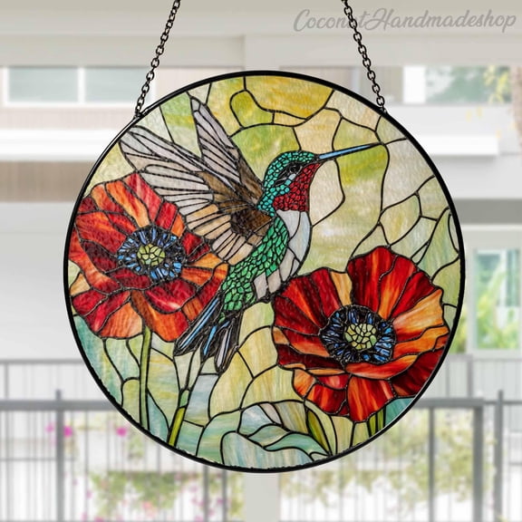 LV Gifts - Hummingbird & Flower Suncatcher, Nature Stained Glass Style Window Hanging, Bird Lover Decor