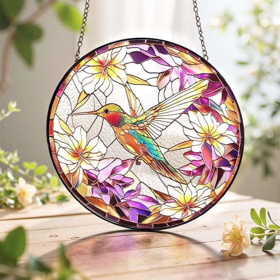 LV Gifts - Hummingbird & Fuchsia Suncatcher, Bird & Flower Stained Glass Style Decor, Nature Art