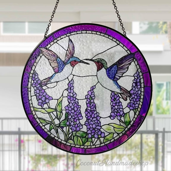 LV Gifts - Hummingbird & Lavender Suncatcher, Floral Bird Stained Glass Style Window Hanging, Gift for Mom