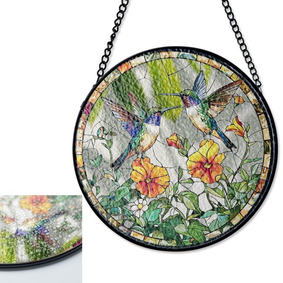 LV Gifts Hummingbirds and Flowers Suncatcher, Garden Stained Glass Style UV Window Art