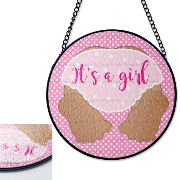 LV Gifts It's A Girl Pink Baby Shower Suncatcher Stained Glass Style, UV Printed Glass, Cute Nursery Wall Art, New Mom Gift, Round