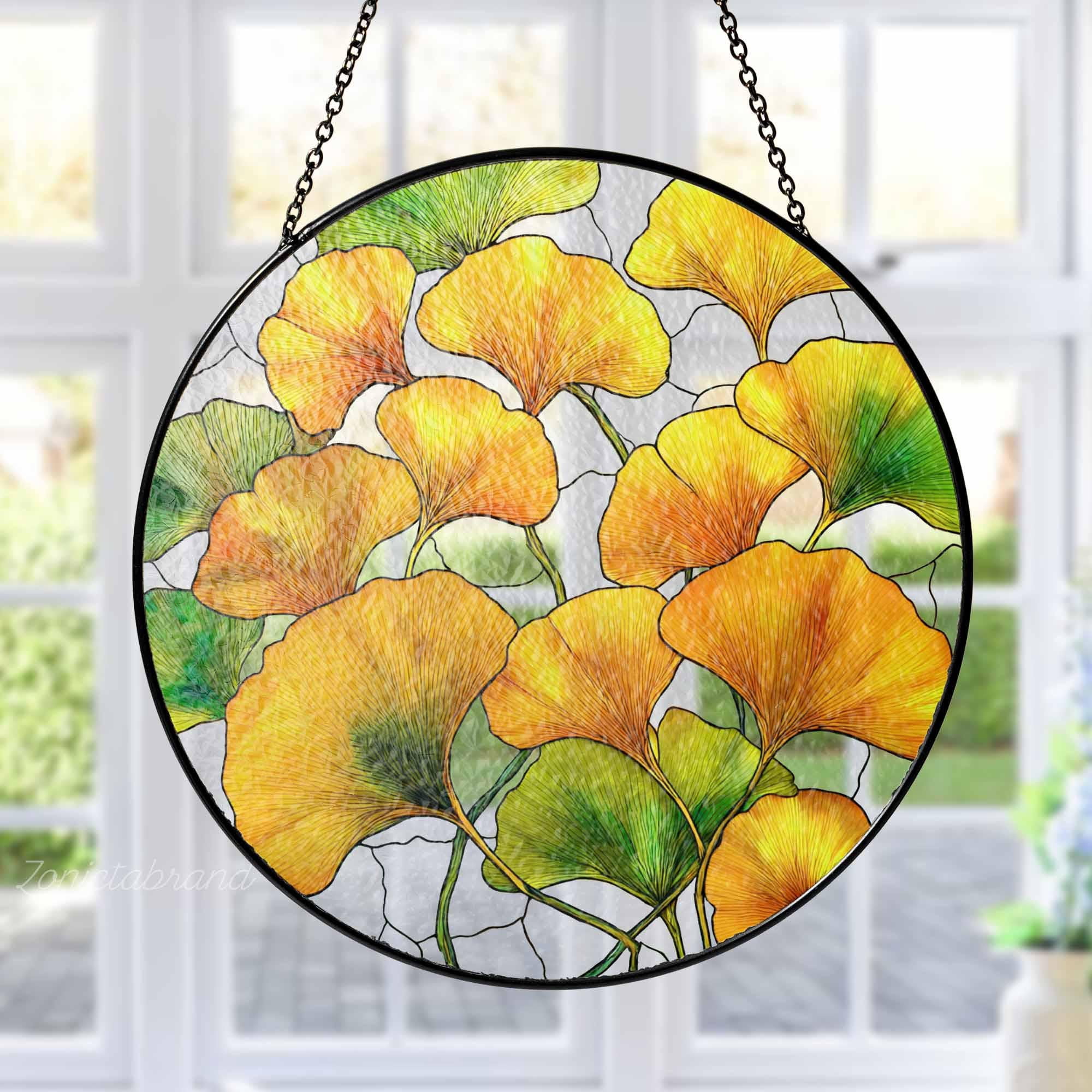 Gingko Window Ginkgo Leaf Glass Suncatcher, Yellow Ginkgo Window Hanging, Autumn ...