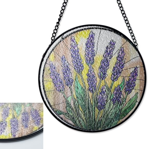 LV Gifts Lavender Flower Garden Suncatcher, Floral Stained Glass Style UV Glass Art