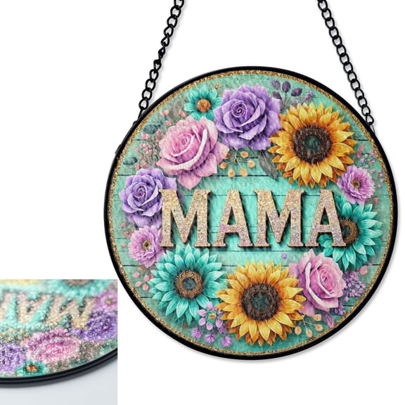 LV Gifts MAMA Teal Lavender Roses Sunflowers Suncatcher Stained Glass Style, Round UV Printed Glass, New Mom Gift,