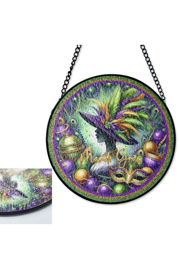 Mardi Gras Lady Profile Feathers Stained Glass Style Suncatcher, UV Printed Glass, Gold Purple Green Decor, Carnival Art, Ro