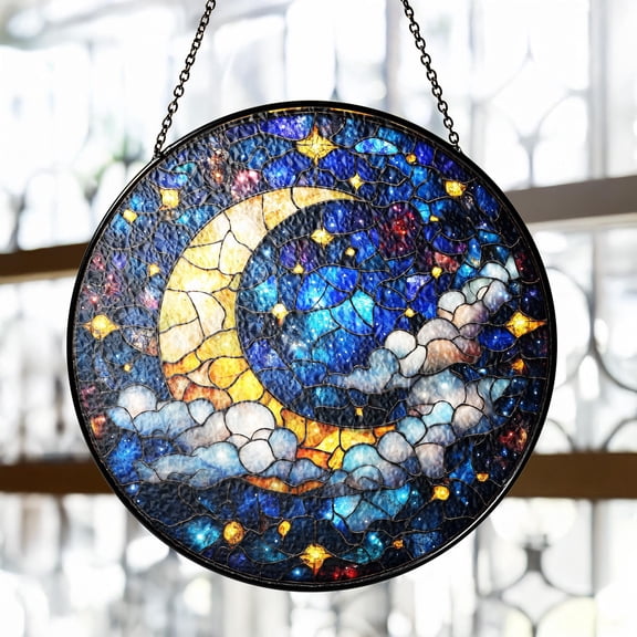 LV Gifts - Moon and Star Suncatcher, Celestial Night Sky Stained Glass Style Decor, Galaxy Wall Art