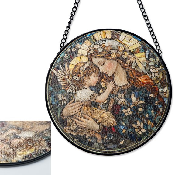 LV Gifts Mothers Angelic Embrace Stained Glass Style Suncatcher, UV Printed Glass, Christian Memorial Gift, Angel Art Decor, Round