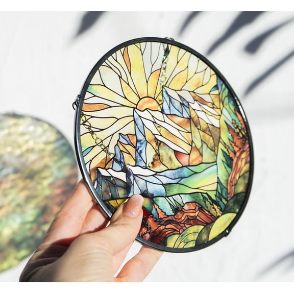 LV Gifts - Mountain Range Suncatcher, National Park Landscape Stained Glass Style Panel, Nature Art