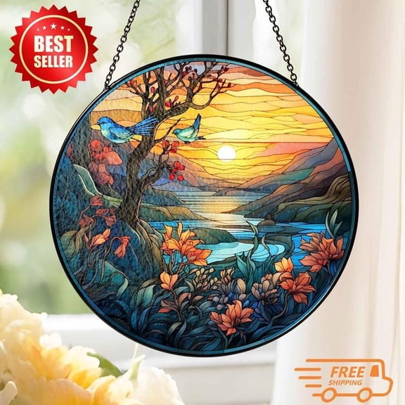 LV Gifts - Mountain River Suncatcher, Sunset Bird Glass-Effect Round Panel, Scenic Wall Art