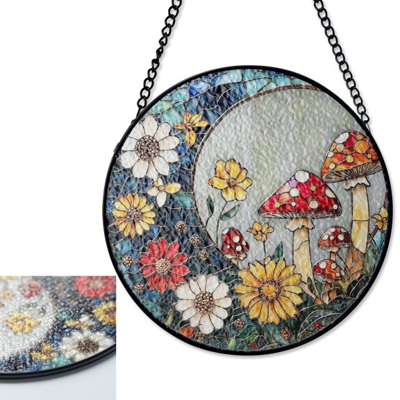 LV Gifts Mushroom Moon Sun Catcher, Stained Glass Style UV Printed Cottagecore Gift