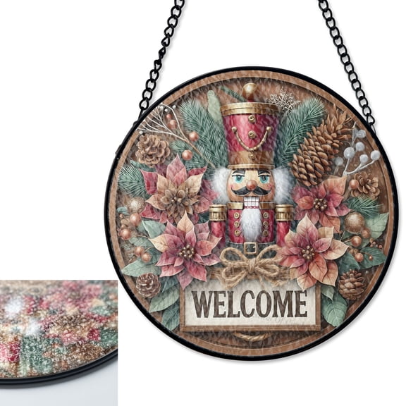 LV Gifts Nutcracker Welcome Poinsettias Holiday Stained Glass Style Suncatcher, UV Printed Glass Hanging Ornament, Christmas Decor, R