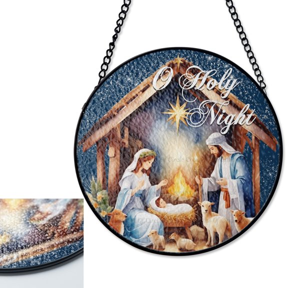 LV Gifts O Holy Night Nativity Stained Glass Suncatcher, UV Printed Glass Round, Religious Christian Decor, Christmas Faith Gift,
