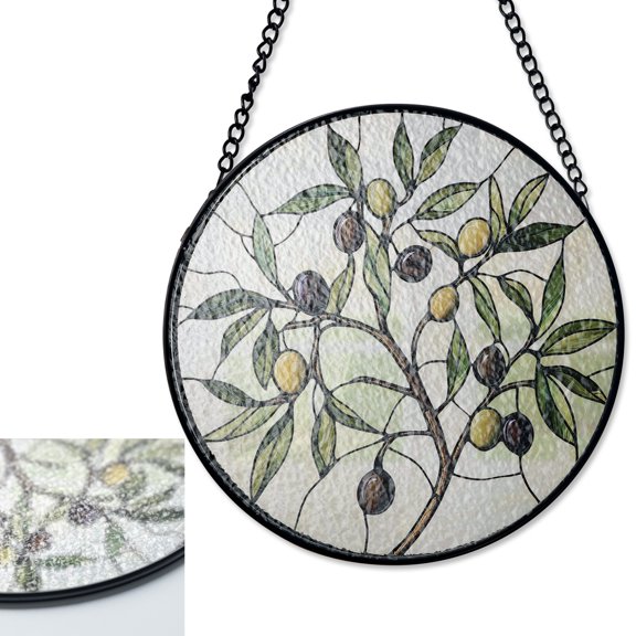 LV Gifts Olive Branch Sun Catcher, Stained Glass Style UV Printed Kitchen Glass Decor