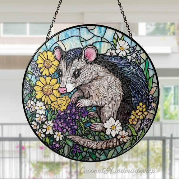 LV Gifts - Opossum in Wildflowers Suncatcher, Animal Stained Glass Style Window Hanging, Nature Gift