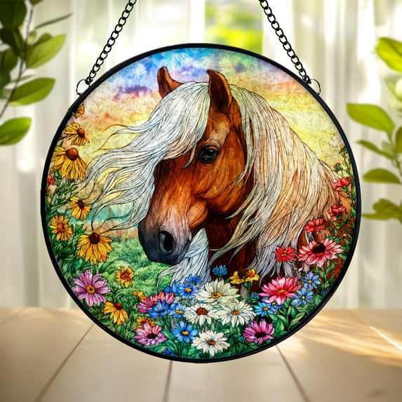 Horse Stained Glass Suncatcher, Floral Window Hanging Ornament, Colorful Pony Art Gift for Horse Lovers & Home Decor