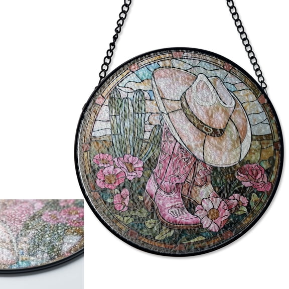 LV Gifts Pink Cowgirl Boots Sun Catcher, Stained Glass Style UV Printed Western Decor