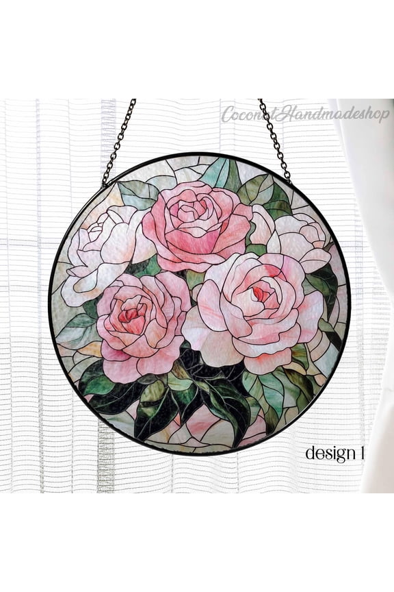 - Pink Rose Suncatcher, June Birth Flower Stained Glass Style Panel, Mother's Day Gift