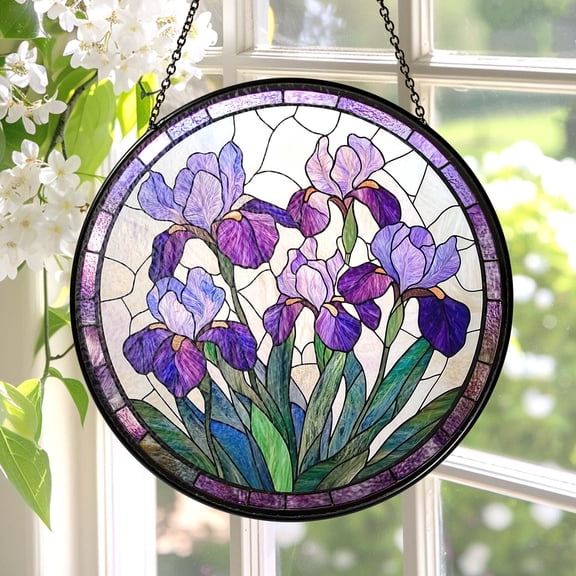 LV Gifts - Purple Iris Flower Suncatcher, Floral Stained Glass Style Window Hanging, Spring Garden Decor