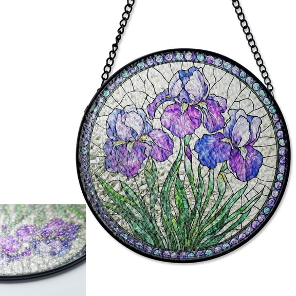LV Gifts Purple Irises Birth Flower Suncatcher, Stained Glass Style UV Glass Art