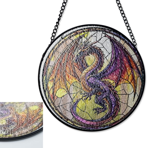 LV Gifts Purple Mystery Dragon Sun Catcher, Stained Glass Style UV Printed Fantasy Decor