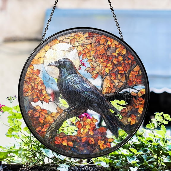 LV Gifts - Raven Suncatcher, Gothic Crow Stained Glass Style Window Hanging, Fall Halloween Decor