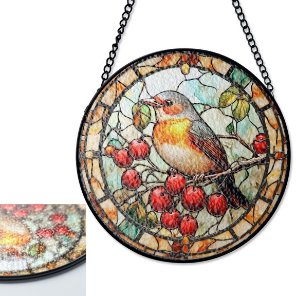 LV Gifts Red Berry Bird Sun Catcher, Stained Glass Style UV Printed Round Window Decor