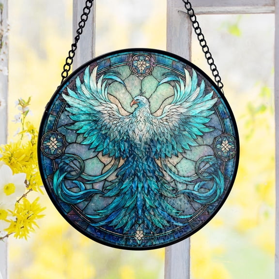 LV Gifts - Rising Phoenix Suncatcher, Mythical Fire Bird Stained Glass Style Decor, Fantasy Gift
