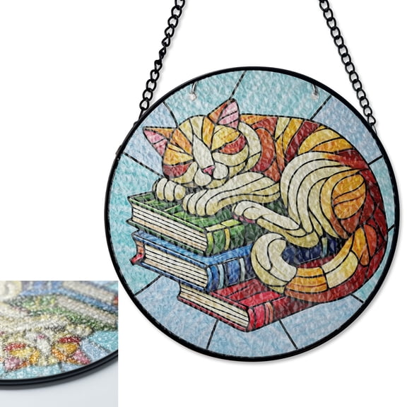 LV Gifts Sleeping Cat on Books Suncatcher, Literary Stained Glass Style UV Window Art