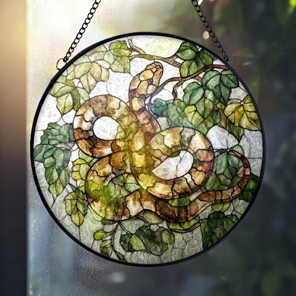 LV Gifts Snake Stained Glass Suncatcher, Serpent in Tree Round Window Hanging Panel, Gothic Witchy Pagan Decor, Unique Animal Window Decoration