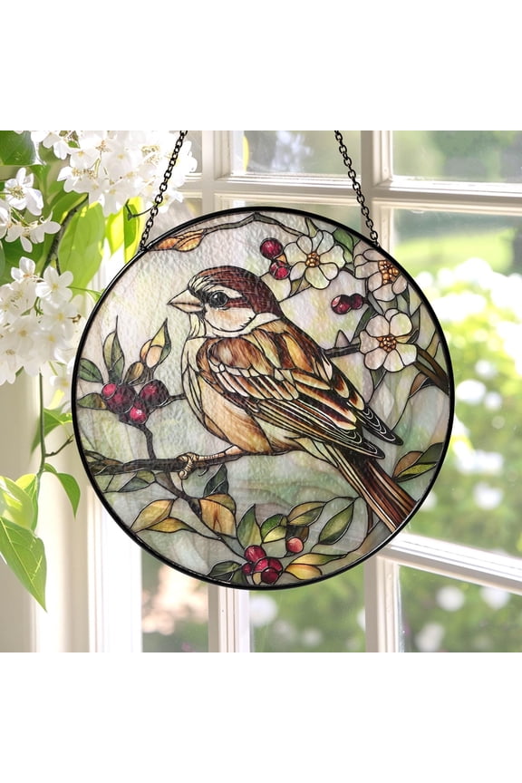 - Sparrow Bird Suncatcher, Floral Glass-Effect Window Hanging, Bird Watcher Gift for Grandma