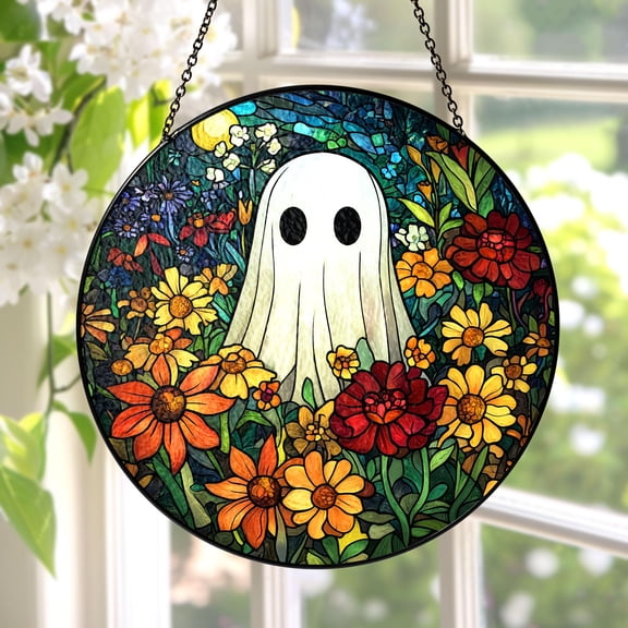 LV Gifts - Spooky Ghost & Wildflowers Suncatcher, Gothic Stained Glass Style Window Hanging, Halloween Decor