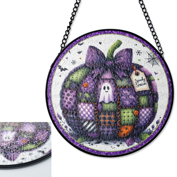 LV Gifts Spooky Season Pumpkin Ghost Stained Glass Style Suncatcher, UV Printed Glass, Purple Patchwork Halloween Decor, Kids Room Ar