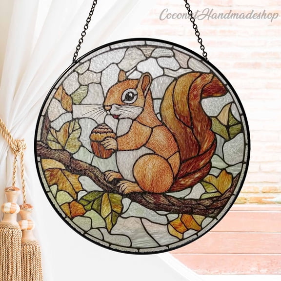 LV Gifts - Squirrel Suncatcher, Woodland Animal Faux Glass Window Hanging, Nature Lover Art