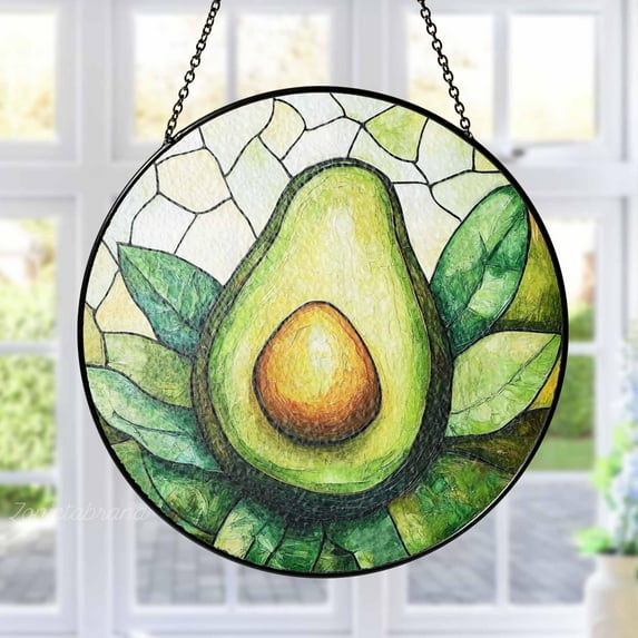 Avocado Stained Glass Suncatcher, Fruit Window Hanging, Kitchen Decor Ornament Gift for Avocado Lovers