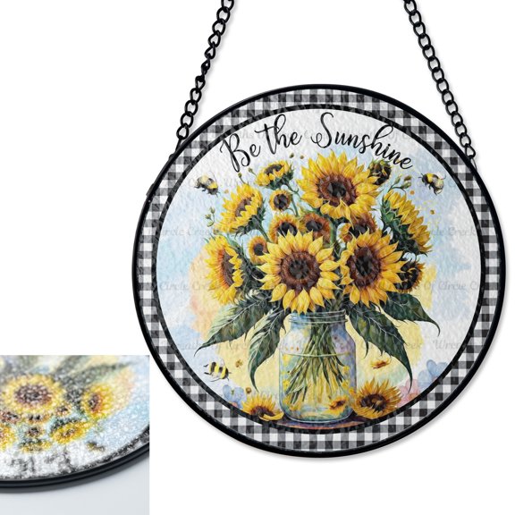 LV Gifts Sunflowers Mason Jar Bees Suncatcher Stained Glass Style, UV Printed Glass, Be the Sunshine Decor, Positive Quote Gift, Roun