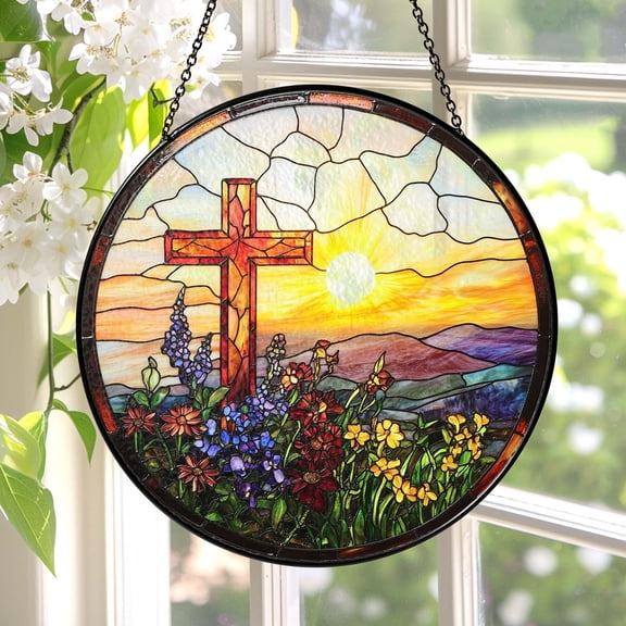 LV Gifts - Sunset Mosaic Suncatcher, Geometric Stained Glass Style Window Hanging, Holiday Home Décor