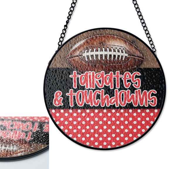 LV Gifts Tailgates Touchdowns Red Black Stained Glass Suncatcher, UV Printed Glass Round, Game Day Decor, Sports Party Gift,