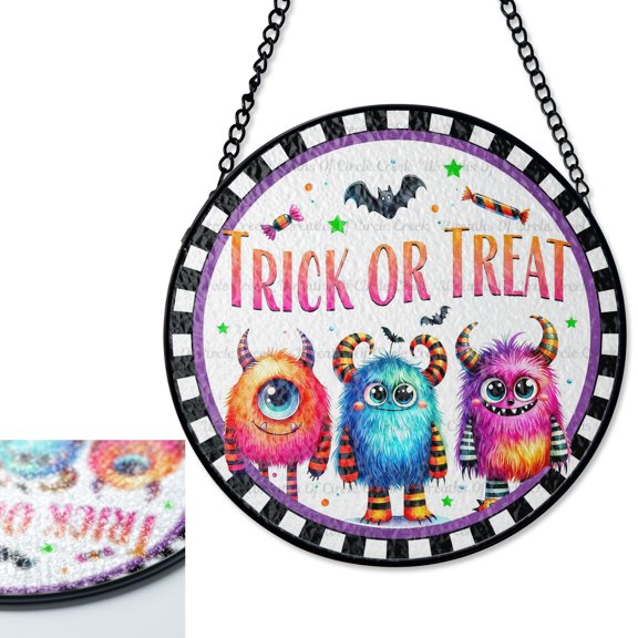 LV Gifts Three Monsters Trick Or Treat Stained Glass Suncatcher, UV Printed Glass Round, Kids Halloween Decor, Party Gift,