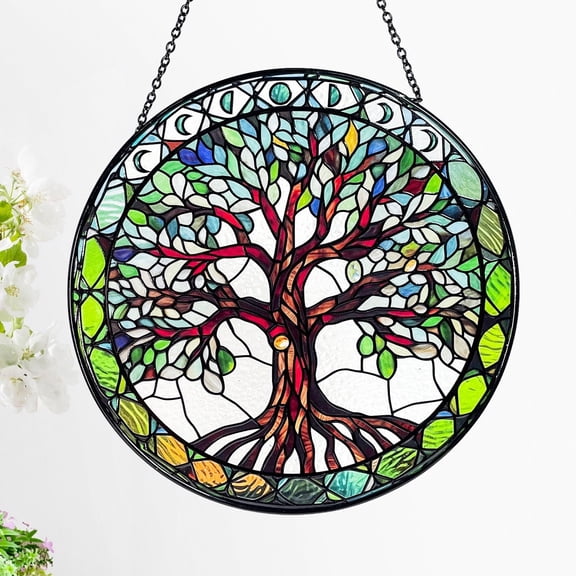 LV Gifts - Tree of Life Suncatcher, Moon Phase Stained Glass Style Panel, Spiritual Wall Art