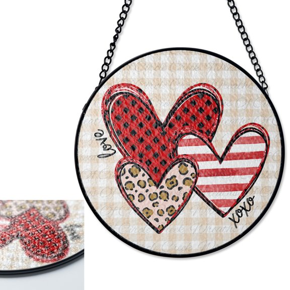 LV Gifts Valentine Hearts Mixed Pattern Stained Glass Suncatcher, UV Printed Glass Round, Buffalo Plaid Leopard Decor, Love Gift,