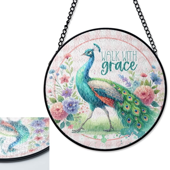 LV Gifts Walk with Grace Peacock Stained Glass Style Suncatcher, UV Printed Glass, Inspirational Farmhouse Decor, Elegant Bird Art, R