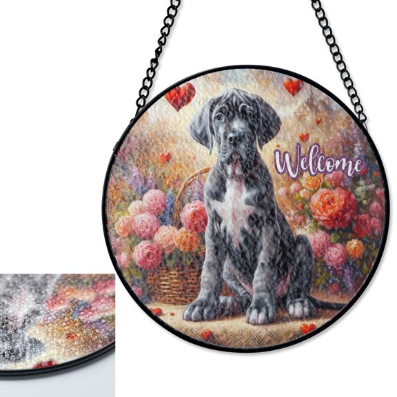 LV Gifts Welcome Great Dane Merle Puppy Suncatcher Stained Glass Style, UV Printed Glass, Whimsical Dog Decor, Large Breed Lover Gift