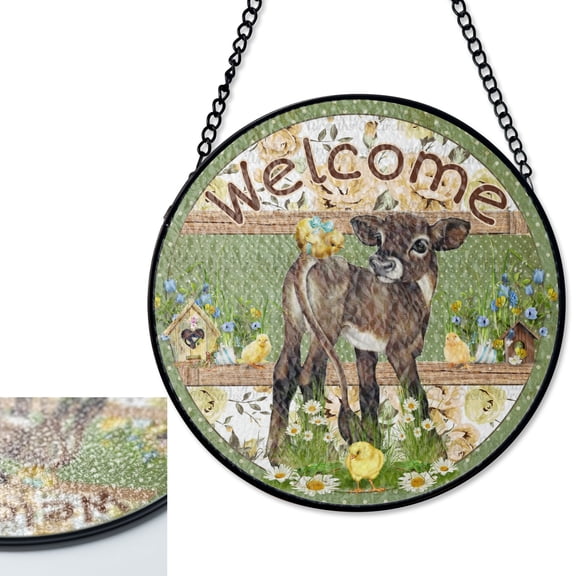 LV Gifts Welcome Spring Calf and Chicks Stained Glass Style Suncatcher, UV Printed Glass, Rustic Farmhouse Decor, Farm Animal Art, Ro